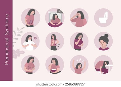 Premenstrual syndrome. Menstrual pain. PMS symptoms and treatment, infographic, horizontal banner. Women abdominal pain and headache. Menstruation cycle, infographic. flat vector illustration