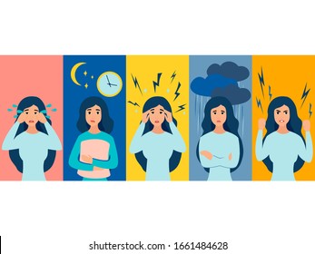 Premenstrual syndrome in women. Negative emotions, tears, hysterics. In minimalist style. Cartoon flat vector illustration