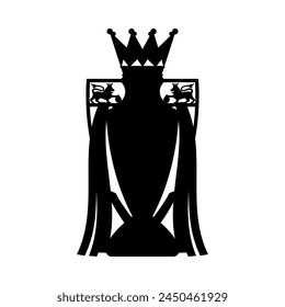 Icono negro del trofeo de la silueta de la liga de fútbol de Premier sobre fondo blanco. Copa con corona de león y cintas. Competencia de fútbol inglesa.