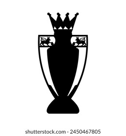 Premier league silhouette black champion football trophy icon on white background. Cup with crown and lions. English soccer competition.