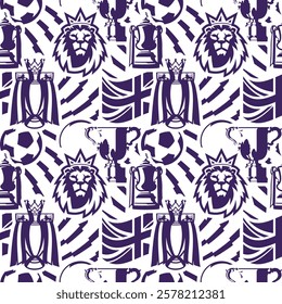 Premier league trophy with english tournament cups national great britain flag lion head with crown ball circle striped lines vector seamless pattern. Purple and white sport soccer symbols.