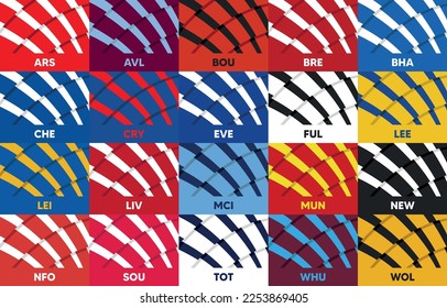 Banderas de zigzag rectangulares vectoriales de equipos de la liga de fútbol inglesa con abreviaturas de nombres.