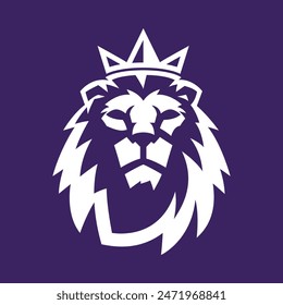 Premier league vector logo or symbol. White lion head with crown and mane front view on purple background.