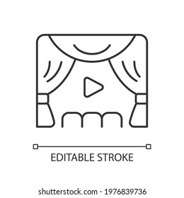 Premiere linear icon. Watching streaming movies and TV series. Online event in real-time. Thin line customizable illustration. Contour symbol. Vector isolated outline drawing. Editable stroke