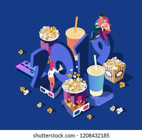 Premiere of New Movies in 2019. Family watch a movie. Popcorn, cola, smartphone, credit cards and eyeglasses on a white background. Isometric 3d