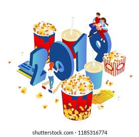 Premiere of New Movies in 2019. A man and a woman watch a movie. Popcorn, cola, smartphone, credit cards and eyeglasses on a white background. Isometric 3d