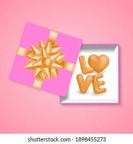 The premise of the concept of love. Love words in an open box, top view.Vector illustration
