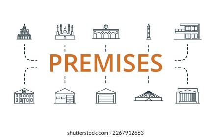 Premises icon set. Monochrome simple Premises icon collection. Municipal, Mosque, Railway Station, Lighthouse, Villa, Post Office, Warehouse, Garage, Circus, Bank icon