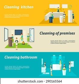 Premises kitchen and bathroom cleaning washing and wiping color flat horizontal banners set isolated vector illustration