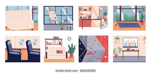 Premises and rooms set. Graphic office, living room interiors with furniture: sofa, office tables, chairs, laptops and office supplies, bike. Aircraft or ship cabin seats portholes, climbing gym