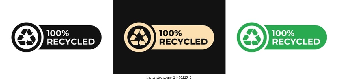 Premium 100 Recycled label vector design. Made from recycled materials icon gold illustration, logo, symbol, sign, stamp, tag, emblem, mark or seal for package. Reused plastic and paper sticker.