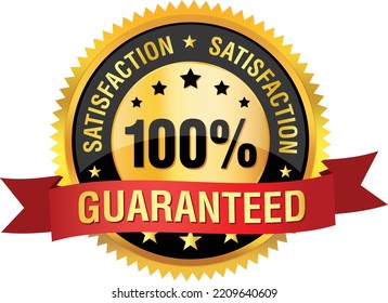 Premium 100% Satisfaction Guaranteed Badge with Red Ribbon and Golden Star Object. Satisfaction Guarantee Badge For Business Services