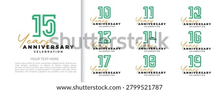 Premium 10-19 Years Anniversary Emblem Set. Modern Linear Vector Typography Templates for Corporate, Institutional, and Personal Jubilees