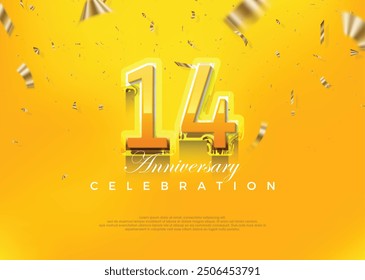 Premium 14th anniversary celebration design, with modern yellow 3d numbers. Premium vector background for greeting and celebration.