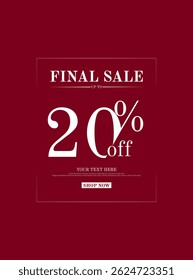 Premium 20% de desconto vetor de banner de venda final com fundo vermelho e texto branco. Perfeito para venda final, venda flash, oferta especial, e-commerce, promoções elegantes, ou anúncios de desconto premium.