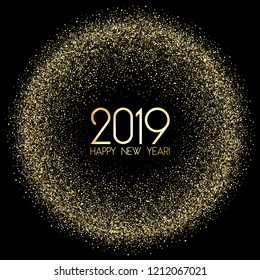 Premium 2019 Happy New Year card, gold confetti. 2019 holiday card, banner or party poster design with wishes of happiness in New Year night eve. Gold glitter confetti sparkles on black.