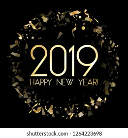 Premium 2019 Happy New Year card, gold confetti. Foil texture gold glitter confetti sparkles backdrop, 2019 greeting card, banner or party poster template with wishes of happiness in New Year.
