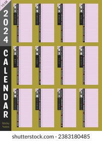 Premium 2024 Calendar. Stylish printable day planner productivity tools for Home office Wall or desk. Nice brass color background. Unique corporate vector sticky notes planner template.