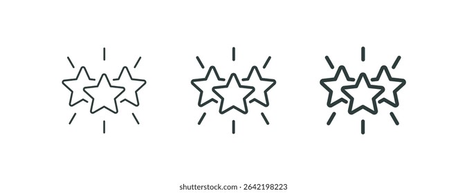 Premium 3 stars, shining excellence award, outline icons. Line signs sparkling three five-pointed stars with rays. Vector isolated pictograms for web and app on white background editable stroke.