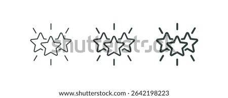 Premium 3 stars, shining excellence award, outline icons. Line signs sparkling three five-pointed stars with rays. Vector isolated pictograms for web and app on white background editable stroke.