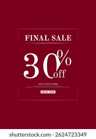 Premium 30% de desconto vetor de banner de venda final com fundo vermelho e texto branco. Perfeito para venda final, venda flash, oferta especial, e-commerce, promoções elegantes, ou anúncios de desconto premium.