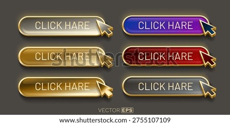 Premium 3D Click Here Buttons Set with Shiny Mouse Pointer, ideal for web design and user interface elements. Vector illustration.