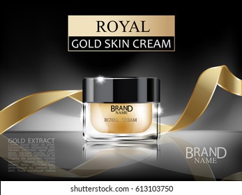 Premium 3d cosmetic glass cream bottle with royal gold face cream inside and gold ribbon on dark abstract background. Vector illustration.