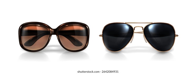 Premium 3d eyewear models of sunglasses, with bold frame and aviator. Realistic polished frames with dark tinted lenses for luxury fashion brands, product catalogs or summer accessory advertisements.