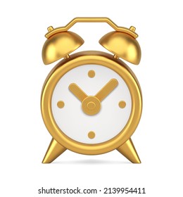 Premium 3d icon golden metallic analogue retro alarm clock front view realistic vector illustration. Expensive jewelry vintage watch with bell for morning alert, deadline reminder, checking time