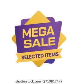 Una representación 3D premium de una insignia o pegatina de promoción "Mega Sale", con un diseño audaz y vibrante en llamativos colores morados y amarillos. La forma geométrica central se coloca sobre un fondo sutil y más claro, dándole un aspecto flotante, de alta calidad y moderno. Un Anuncio amarillo en la parte inferior indica "Elementos seleccionados" en letras limpias en mayúsculas. Este atractivo gráfico es ideal para Sitios web de comercio electrónico, marketing en redes sociales, campañas de publicidad minorista, descuentos estacionales (como Black Friday o Cyber Monday), promociones de productos y eventos de liquidación. El estilo visual único garantiza que se destaque y capte la atención del consumidor de manera efectiva.