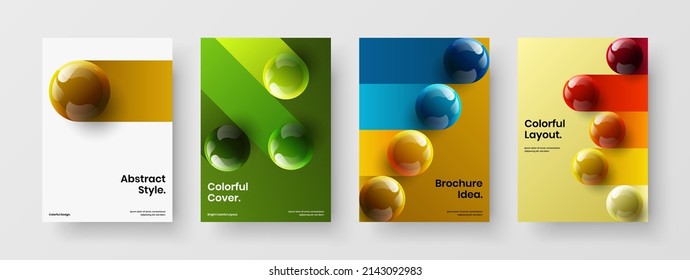 Premium 3D spheres company cover illustration collection. Creative placard A4 design vector template bundle.