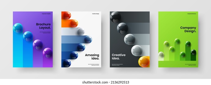 Premium 3D spheres flyer template set. Vivid poster A4 vector design concept collection.