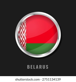 Premium 3D vector illustration of the Belarus national flag as a round glossy button with a metallic silver border and traditional ornament pattern. Perfect for web and patriotic designs