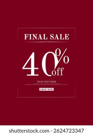 Premium 40% desconto vetor de banner de venda final com fundo vermelho e texto branco. Perfeito para venda final, venda flash, oferta especial, e-commerce, promoções elegantes, ou anúncios de desconto premium.
