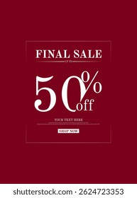 Premium 50% desconto vetor de banner de venda final com fundo vermelho e texto branco. Perfeito para venda final, venda flash, oferta especial, e-commerce, promoções elegantes, ou anúncios de desconto premium.