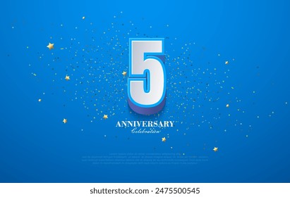 Premium 5th anniversary design. With 3d numbers on bright blue background. Decorated with a sprinkling of luxurious and shiny gold glitter.