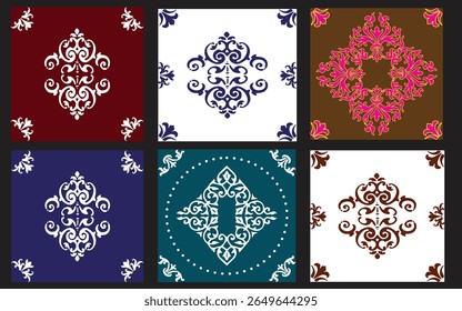 Premium 6 ensemble de Collection de carreaux en céramique dans le style turc. Carrelage harmonieux et coloré Azulejo. Patchwork. Décoration portugaise et espagnole. Islam, arabe, indien, motif ottoman. Image vectorielle Arrière-plan dessiné à la main
