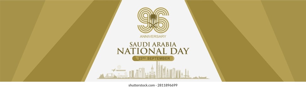 Premium 96th Anniversary Saudi Arabia National Day 2026 banner featuring a gold 96th anniversary emblem and future city skyline illustration.