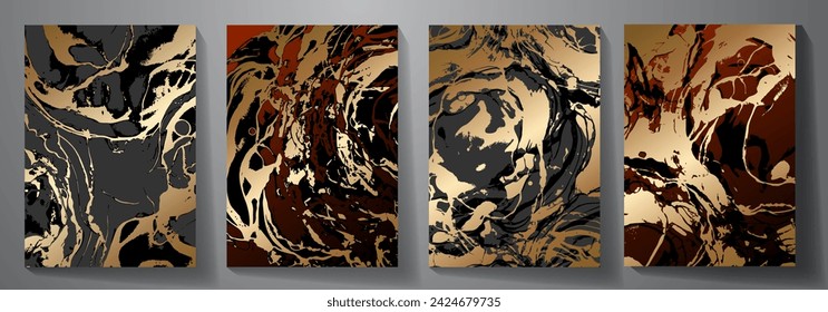 Premium abstract cover design set with golden grunge brush strokes. Luxury background for cover design, invitation, poster, flyer, wedding card, luxe invite, prestigious voucher, catalog, brochure.
