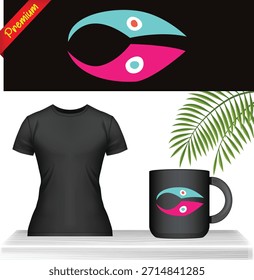 Impresión gráfica del diseño Abstractas del logotipo del pez de Premium en la camiseta y la taza negras. Maqueta de Mercancía de marca de gama alta en superficie blanca con hoja verde aislada sobre fondo transparente.