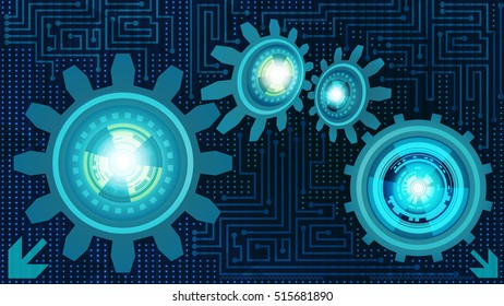 Premium abstract futuristic technology background with gears of blue, teal and white shades. Digital technology and engineering concept design