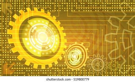 Premium abstract futuristic technology background with gears of orange, yellow, and white shades. Digital technology and engineering concept design