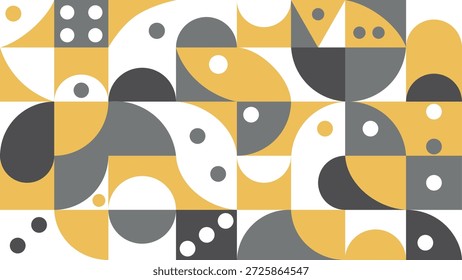 Un fondo geométrico abstracto de primera calidad con una composición moderna de Formas inspiradas en el movimiento Bauhaus. Este diseño de Vector utiliza una sofisticada paleta de colores amarillo mostaza, gris carbón y blanco con círculos, semicírculos y formas cuadrantes. Perfecto para fondos de presentación profesional, cubiertas de libros, marca minimalista, impresiones textiles y arte de pared moderno.