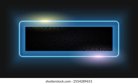 Premium abstract geometric pattern black label with blue glow neon line frame on black background. Luxury shine rectangle logo template. Vector header purple light effect Christmas banner