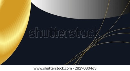 Premium abstract luxury background featuring elegant dark blue and black spaces decorated with metallic golden gradient curves, sleek grey geometric overlays, and thin gold wireframe line details.