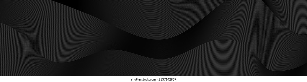 Premium abstract stripe texture on black background. Modern wavy line, guilloche curves pattern in monochrome colors. Dark horizontal vector template  for web banner, business background design. 