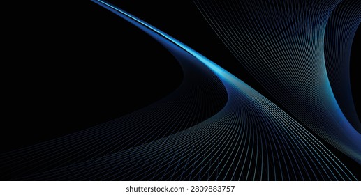 Premium abstract technology background featuring glowing blue neon wave lines flowing across a black backdrop. The elegant futuristic composition is ideal for AI, big data, cloud computing, fintech, cybersecurity, innovation, business presentations, website headers, corporate branding, digital communication, science, networking, and modern technology projects with generous copy space.