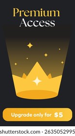 Premium Access banner with golden crown, spotlight, and glowing stars. Ideal for in-app purchases, membership upgrade prompts, VIP badges, and subscription call-to-action designs. 