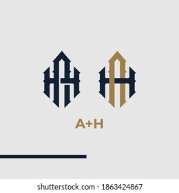 Premium AH,HA,H initial letter monogram vintage style with gold and blue color on grey background