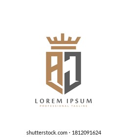 Monograma AJ premium de dos letras A&J. Elegantes iniciales del escudo dorado y diseño geométrico antiguo del logo retro. ilustración de material de elementos vectoriales de alfabeto